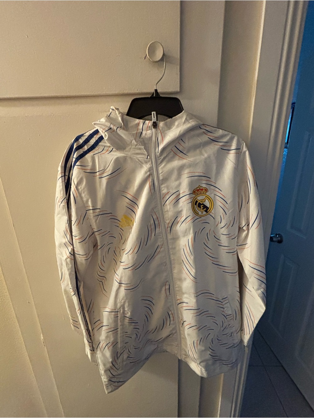 adidas White Real Madrid 21/22 Windbreaker Jacket with Blue and Orange Accents